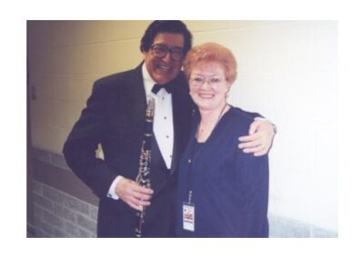 Legendary Clarinet player Henry Cuesta from the 'Live' Lawrence Welk Show greets Rocklands' Jackie Hutchison backstage in Calgary.